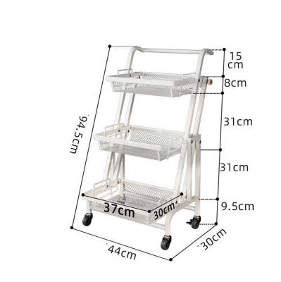 China Sustainable Universal 3 Tier Folding Kitchen Rolling Service Kitchen Living Room Bedroom Fruit Vegetable Baskets Storage Organizer Cart for sale