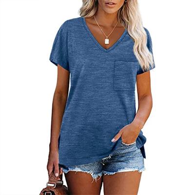 China New QUICK DRY Women's Blue T-Shirts Short Sleeves V-Neck Casual Street Summer Tee Oversized Tops Female Pockets Solid Color 2XL T-shirt Tops for sale