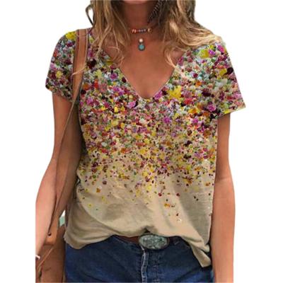 China Clothing 2021 New Summer Tops 5XL Women Floral Print Loose T-shirt V-Neck Short Casual Oversized QUICK DRY Sleeve Plus Size Ladies Stitch Top for sale