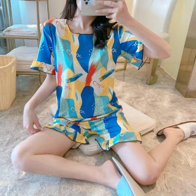 China New Slim Plus Size Ice Silk Shorts Sleeve Print Sexy Pajamas Set Women's Fabric Print Home Pajamas Set Panty Summer Sleepwear Tops Set for sale