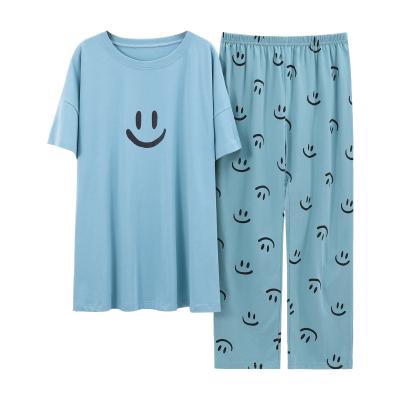 China Plus Size Pajamas Cotton Summer Silk Homewear 100% Blue Soft Lounge Fashion Atoff Satin Sleepwear Kawaii Pajamas Sets For Women for sale