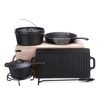 China Real factory sustainable private label 6pcs cast iron outdoor camping cookware set for Amazon for sale