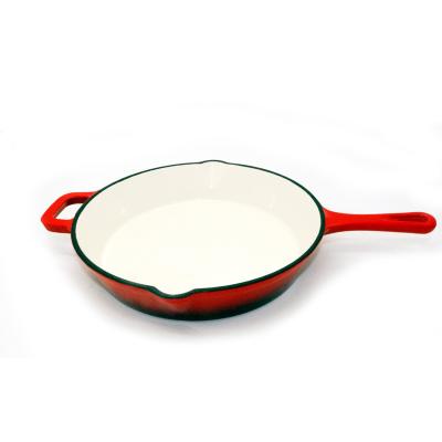 China Fashion viable design cast iron enamel BBQ grill cookware classic red flat bottom fry pan with handle for cooking for sale