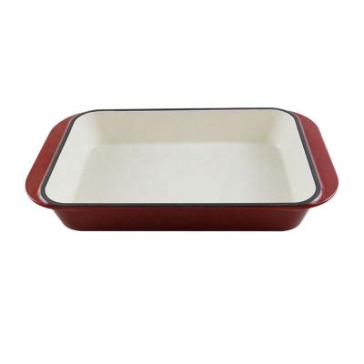 China Red Viable Rectangle Cast Iron Roasting Pan Enamel Coating Lasagna Pan Cast Iron Bread Mold for sale