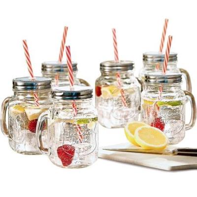 China Sustainable Wholesale Cheap Glass Jar 500ml Beverage Jars With Straws Handle And Metal Lid For Drinking for sale