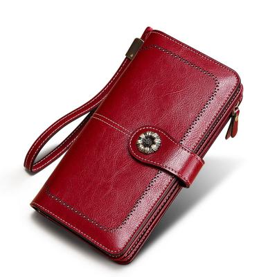 China Multifunctional High Quality RFID Rfid Ladies Purse Oil Wax Long Style Genuine Cowhide Leather Wallet for sale