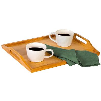 China Bamboo Wooden Stroage Serving Tray, Rectangle Wooden Tray with Handles Natural Decorative Tray for Ottoman for sale