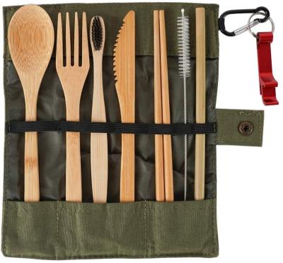 China Eco-Friendly Bamboo Cutlery Set with Bamboo Spoon Fork Knife Brush Straw Chopsticks Toothbrush Bottle Opener Pouch à venda