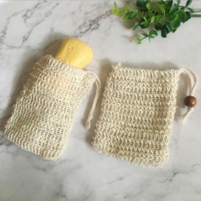 China Natural Exfoliating Sisal Soap Bag custom logo sisal drawstring bag for soap protection sisal mesh net drawstring bag for sale