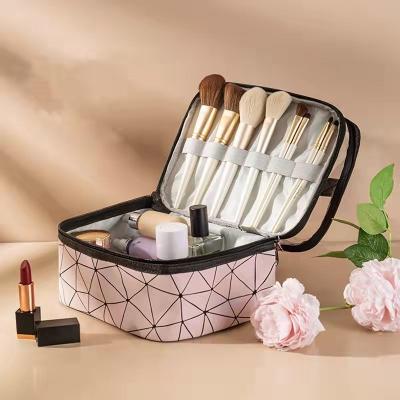 China Fashion Large Portable Makeup Travel Beauty Case Diamond Grid Double Layer PU Cosmetic Toiletry Storage Bag for sale