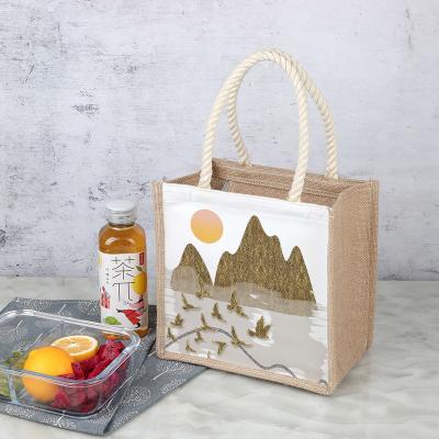 China Mini Jute Jute Tote Bags Japanese Style Printing Eco Friendly Grocery Bag With Zipper for sale