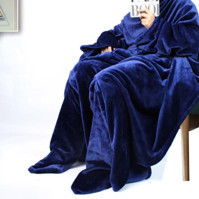 China Wholesale Anti-Pull Oversize Plush Fleece Flannel Long Robe Wearable TV Blanket With Foot Pockets for sale