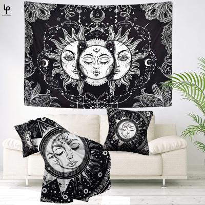 China Beautiful Decoraion Sun and Moon Wall Tapestry Hanging Custom Black and White Mystical Forest Mushroom Psychedelic Meditation Grateful Tapestry Set for sale