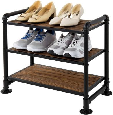 China Vonssen Rustic Burned Wood Convertible and Industrial Storage Display Rack 3-Tier Metal Pipe Entryway Shoe Organizer for sale