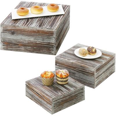 China China HOT Selling Set of 3 Torched Display Box Wooden Stackable Riser Stands Rustic Crafts Art and Collectible Natural Painting Woden Products for sale