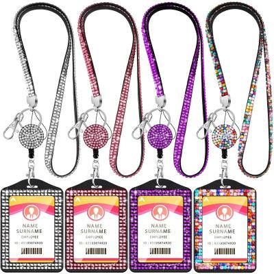 China Lanyard for ID Holder 2 Diamond Lanyards Retractable Rhinestone Lanyard Bling ID Card Holder Sets Crystal ID Card Holder for ID Badges for sale