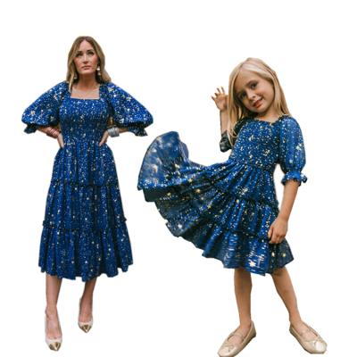 China Hot Selling Anti-pilling Mommy and Me Outfits Dress Floral Maxi Square Collar Lantern Sleeve Dress for Kids Girls Latest Design Women Skirt for sale