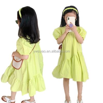 China New Fashion Anti-Wrinkle Solid Color Babies Organic Cotton Dress Boutique Kids Apparel Soft Puff Sleeves Party Dresses For Girls for sale