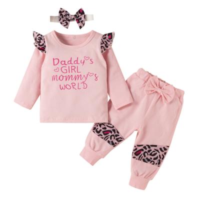 China Wholesaler 2021 New Sweet Children's Clothing Sets Cute Patchwork Fly Sleeve Sweater Bow Winter Leopard Baby Hoodie 3pcs Set for sale