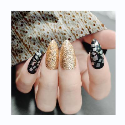 China New Design Style Wholesale Glitter Natural Fake Black Stiletto Press On Nail Tips Acrylic Artificial Nails For Women With Glue for sale