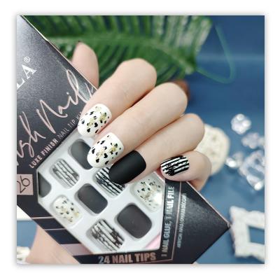 China 24 PCS Design Stick On Mix Design False Art Manicure Short Square Shape Artificial Designer Press On Nails Tips for sale