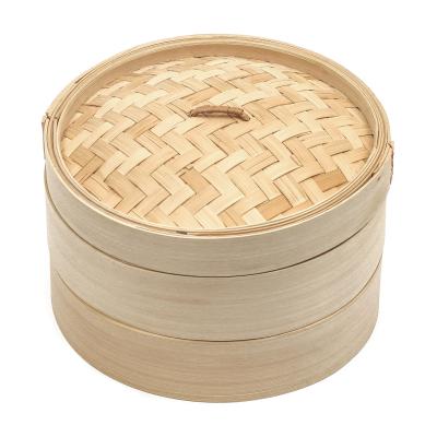 China Sustainable 6-10 Inch Natural Bamboo Dumpling Steamer 2 Tiers Basket With Lid Kitchen Bamboo Steamer for sale