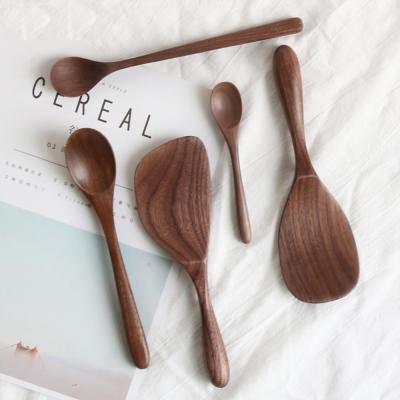 China Viable Wooden Kitchen Supplies Honey Spoons Soup Rice Spoon Stir Long Scoop Japanese Style Black Walnut Dessert Spoon Tableware Coffee for sale