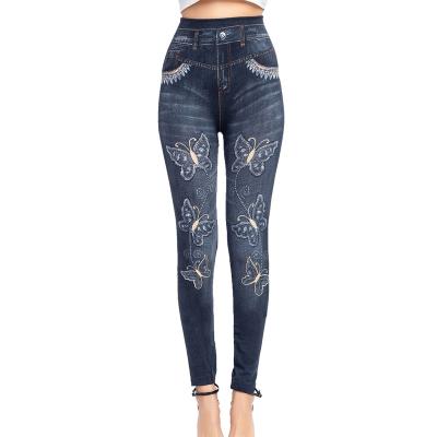 China 2021 Elastic Women High Waist Jeans Gaiters Butterfly Print Ankle Length Fake Pants Super Stretchy Skinny Imitation Jeans Gaiters 202 for sale