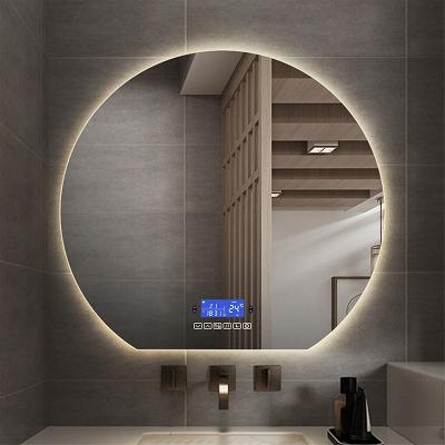 China Modern Smart Bath Touch Hotel Anti Fog Luminous Led Tooth Music Speaker Light Blue Backlit Vanity Wall Mounted Mirror for sale