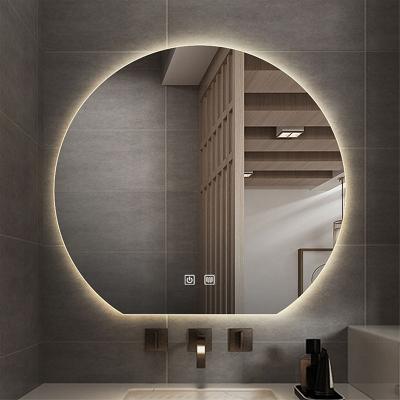 China Luxury Wall Mounted Illuminated Hotel Round Shape Mirror Bathroom Backlit Framed Vanity Mirror With Led Light for sale