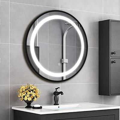 China Wholesale Round Wall Frame Black Hotel Anti Fog Bright Smart Touch Screen Led Light Bathroom Mirror for sale