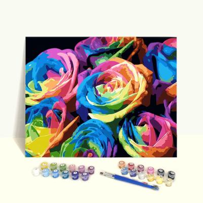 China Clear Digital Printed Number On Canvas Beginner Fantasy Rainbow Diy Acrylic Paint Floral Painting By Numbers Roses for sale