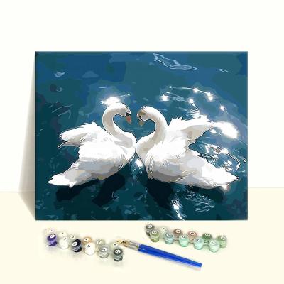 China Clear digital printed number on canvas DIY painting kits photo landscape swan drawing custom paint by number for sale