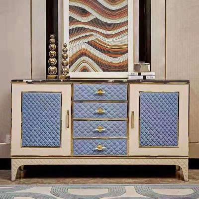 China Morden good prices antique simple style sky blue leather drawers and white rice MDF console table for home living room for sale