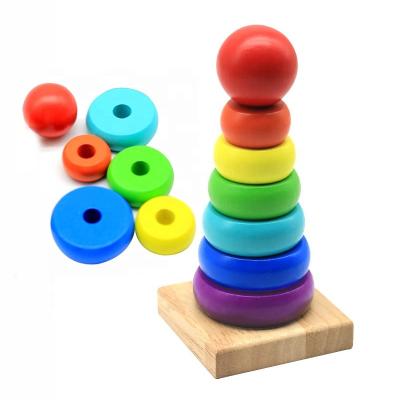 China Toy Fun Rainbow Tower Ferrule Toy Wooden Pile Tower Color Educational Knowledge Set Pillar Building Blocks for sale