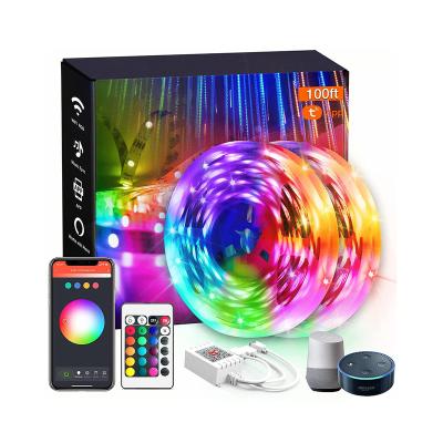 China Tuya APP Amazon Alexa Google Sound Activated 100ft 30M 5050 12V RGB LED Backlight Wifi Smart Strip Light for sale