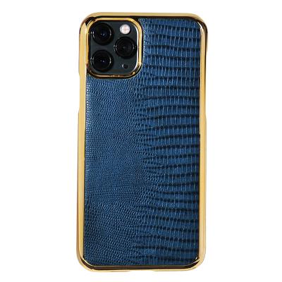 China Luxury Gold Plastic Lizard Frame Real Leather PC Case For iPhone 11 Pro Max for sale