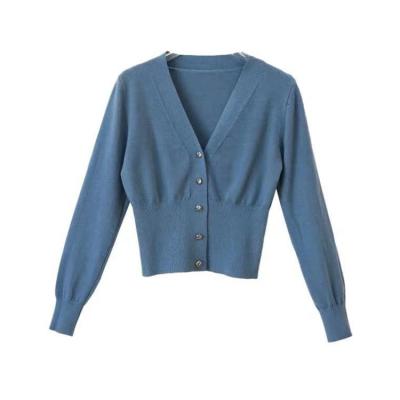 China Anti-wrinkle good quality ladies miniV neck retro knitted cardigan long sleeve sweater cardigan for women for sale