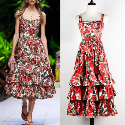 China Rose Flower Long Dress Women Summer Ladies Floral Print Ruffle Sleeveless Chiffon High Quality Available Anti-Static Fashion Chiffon Dresses Vestido for sale