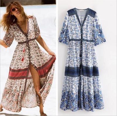 China 2021 Anti-Static In Vintage Floral Print Maxi Chiffon Casual Dresses Summer Bohemian V-Neck Women Dress Running Clothing Along for sale