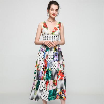 China Vintage Sleeveless Vestidos Maxi Summer Dresses For Women Holiday Flower Long Dress Casual Sexy V-Neck High Quality Anti-Static Ladies for sale