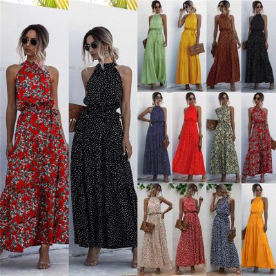 China 2022 Newest Vintage Beach Summer Women Clothing Multicolor Anti-Static Casual Floral Printing Maxi Dresses Halter Boho Long Dress Belts for sale