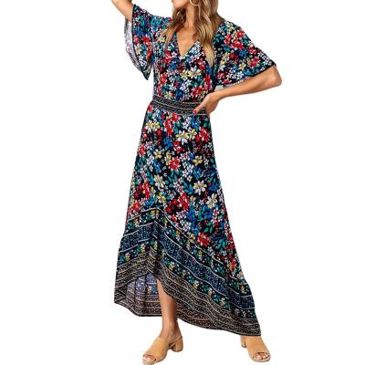 China Floral Printing Summer Maxi Boho Beach Chiffon Dresses Casual Flare Sleeve Dress Fashion Women Anti-Static Sexy V-Neck Long Clothing for sale