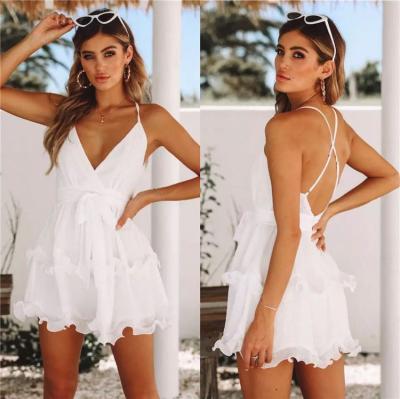 China Anti-Static Women's Wholesale Women's Mini Dress Sexy Backless White Ruffled Sleeveless Casual Outfits Summer Beach Vintage Chiffon Shorts for sale