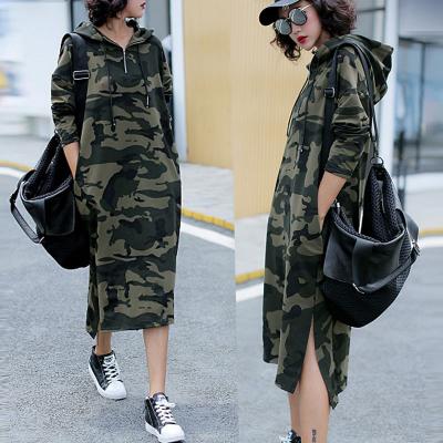 China 2021 New Arrivals Breathable Women Fashion Spring Camouflage Casual Cotton Long Dress Plus Size Hooded Zipper Hoodie Dresses With Pockets for sale