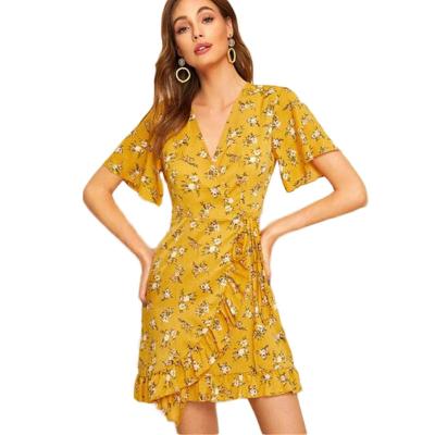 China Hot Sale Anti-Static Summer Women Fashion Wrap Sexy V-Neckline Printed Ruffle Mini Dresses for sale