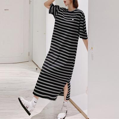 China Hot Selling Anti-static Korean Fashion Women Casual Short Sleeve Striped Long Maxi T Shirt Dresses For Summer for sale