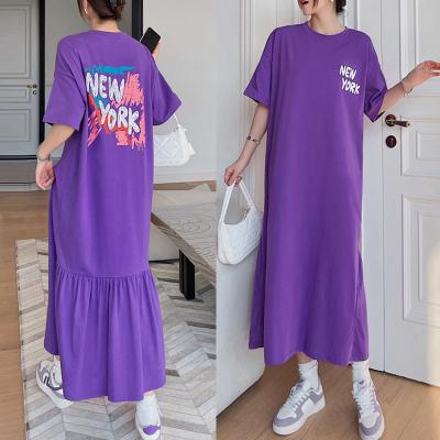 China Breathable Dropshipping 2022 Casual Letter Print Patchwork Midi T-shirt Dresses Loose Maxi Tee Long Summer Korean Cotton Dress Women for sale