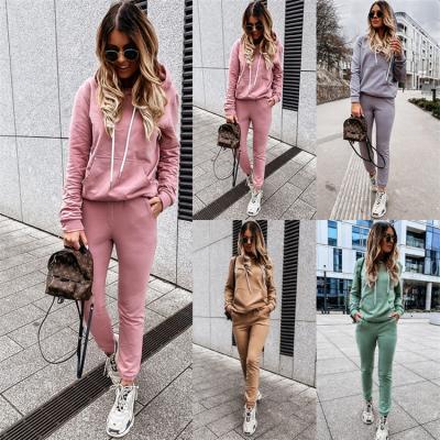 China Autumn Winter Casual Fashion Long Sleeve Plain Pockets Hoodie 2021 Anti-wrinkle Long And High Waist Pants 2 Piece Hoodie Set For Women for sale