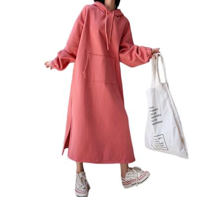 China Winter 2021 High Quality Breathable Fleece Plain Long Pocket Casual Maxi Dresses Sweatshirt Pullover Thick Hooded Dress For Women for sale